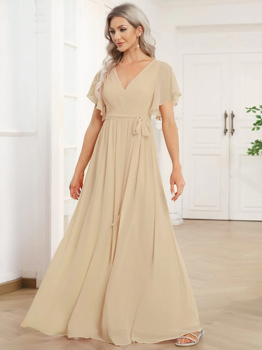 ever LEORA|V-Neck Flutter Sleeve Floor-Length A-Line Chiffon Evening Dress - Image 140