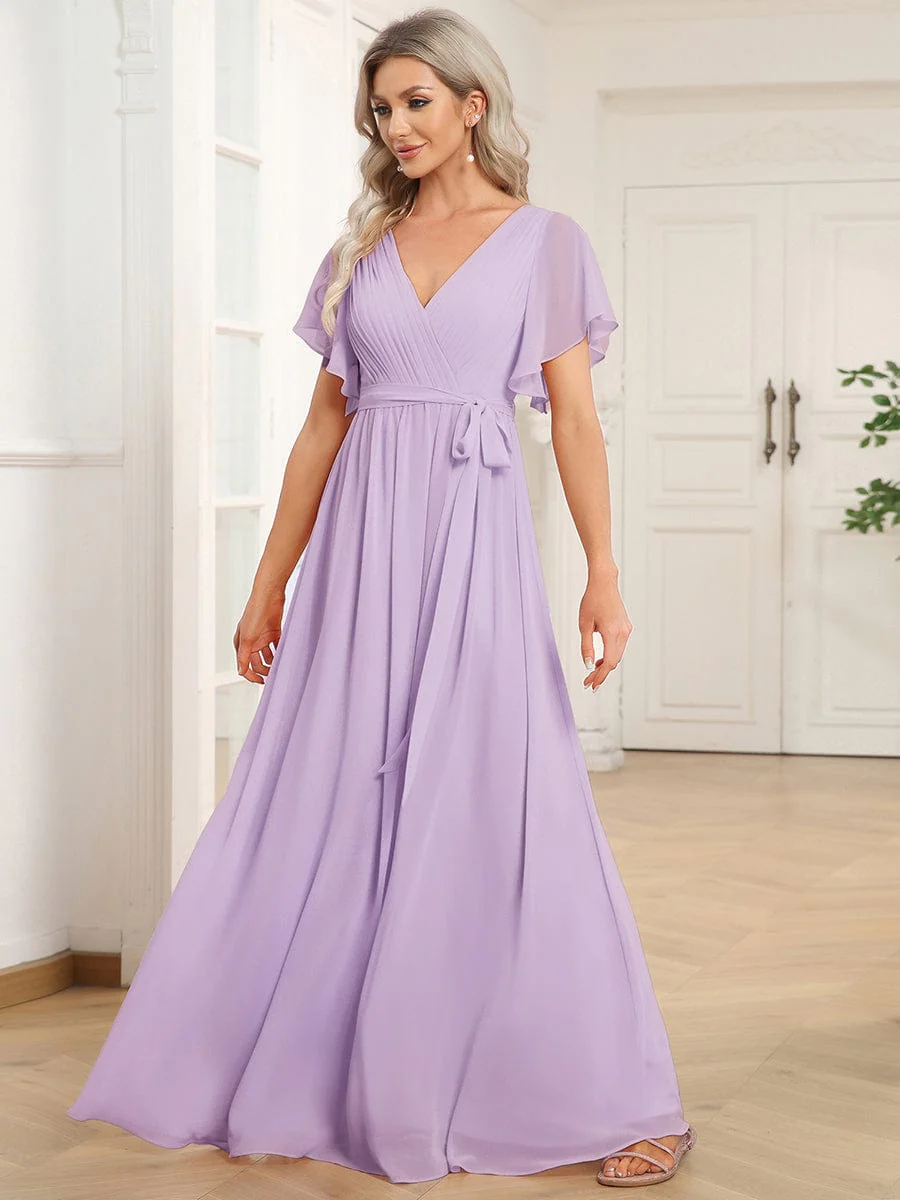 ever LEORA|V-Neck Flutter Sleeve Floor-Length A-Line Chiffon Evening Dress - Image 150