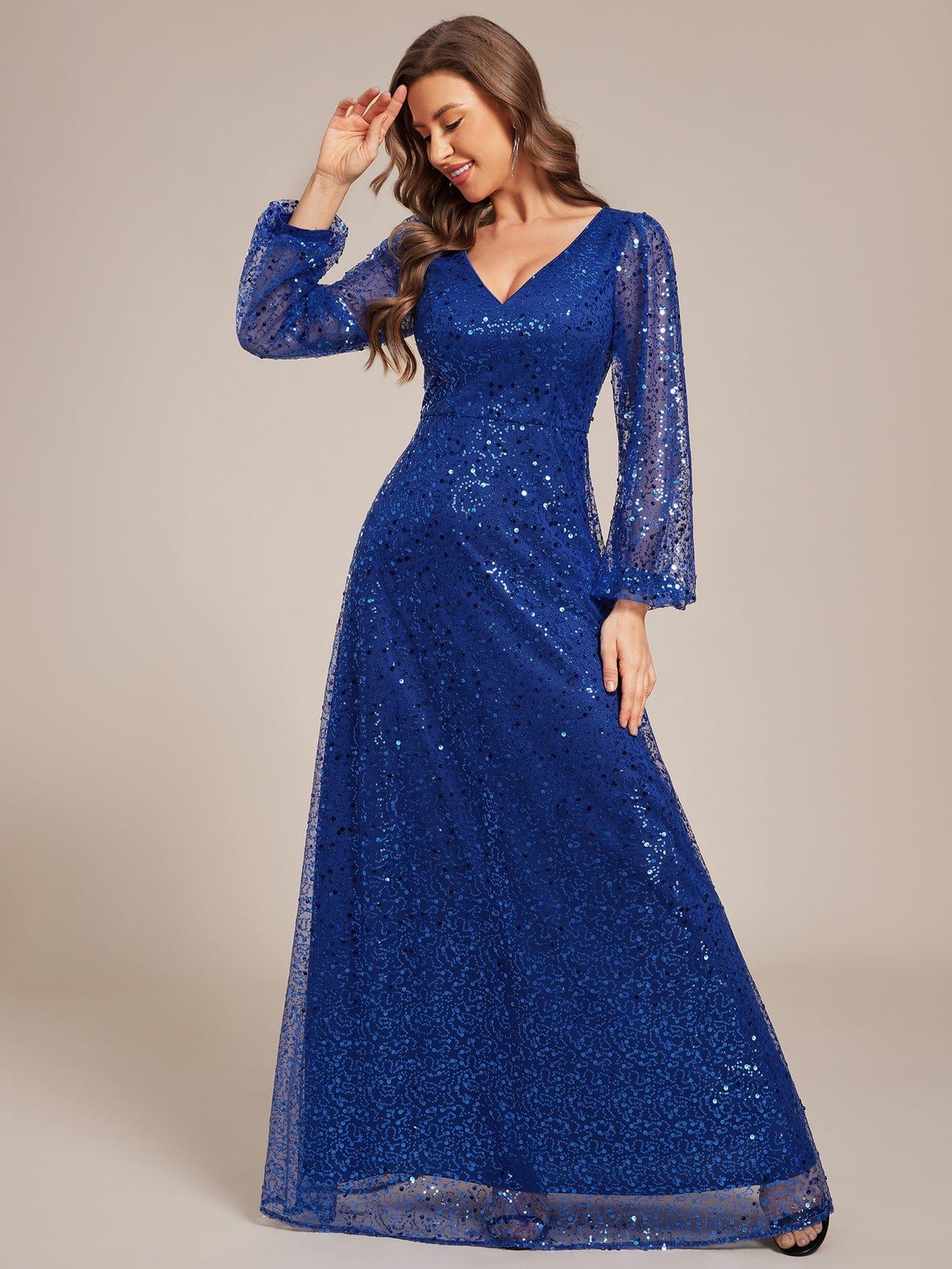 ever RAYVEN|V-Neck Lantern Long Sleeve Sequin A-Line Evening Dress - Image 101