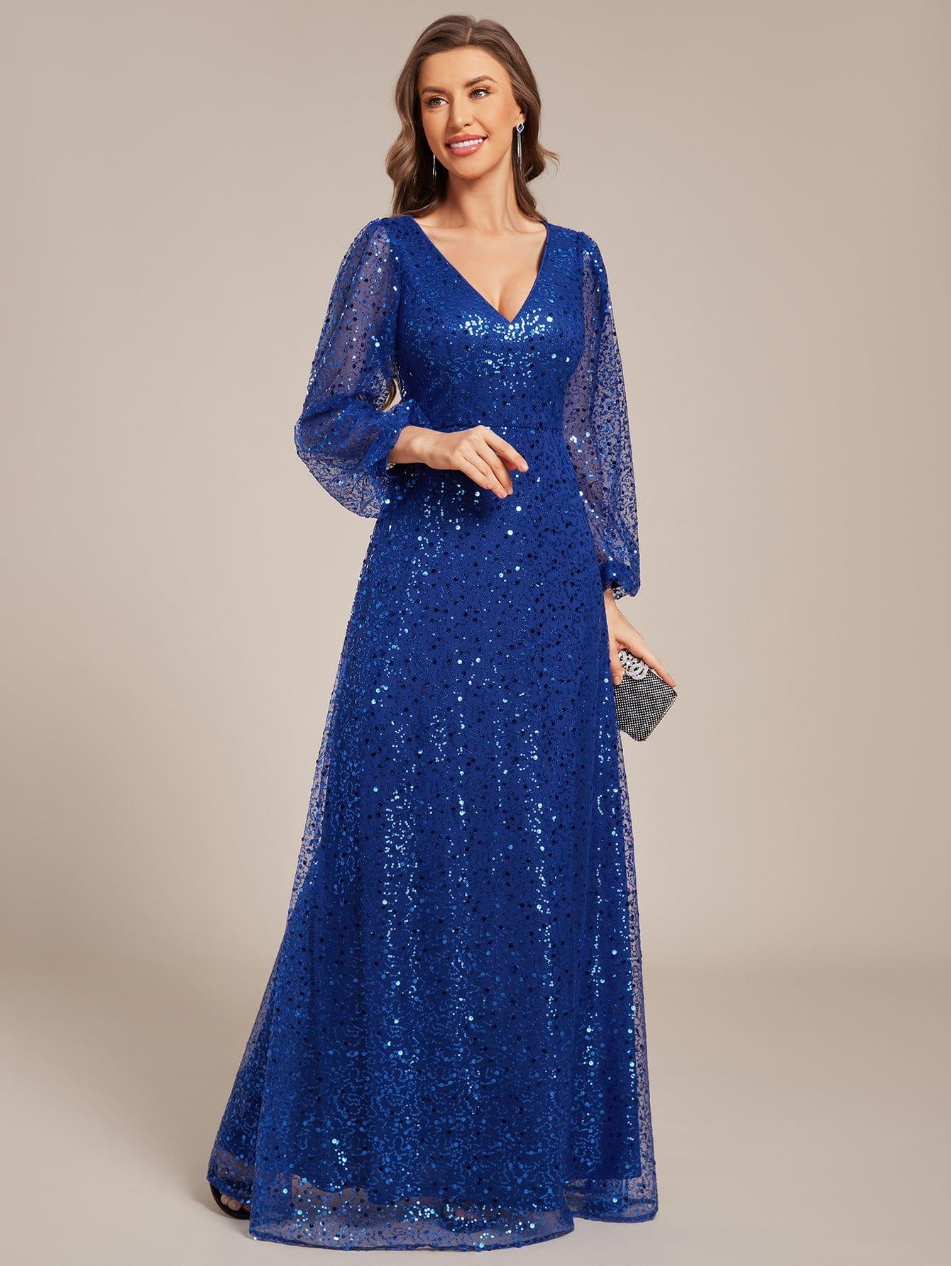 ever RAYVEN|V-Neck Lantern Long Sleeve Sequin A-Line Evening Dress - Image 102