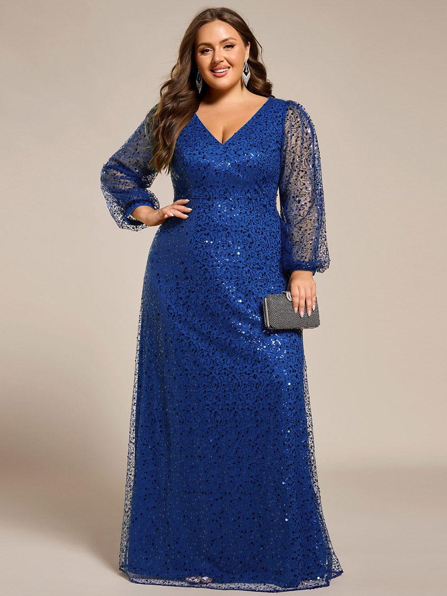 ever RAYVEN|V-Neck Lantern Long Sleeve Sequin A-Line Evening Dress - Image 103