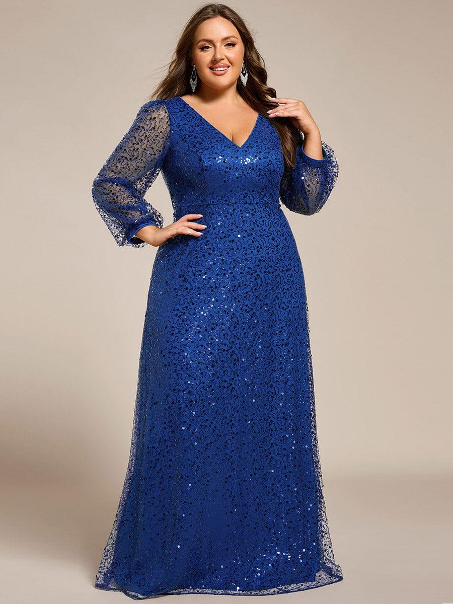 ever RAYVEN|V-Neck Lantern Long Sleeve Sequin A-Line Evening Dress - Image 107