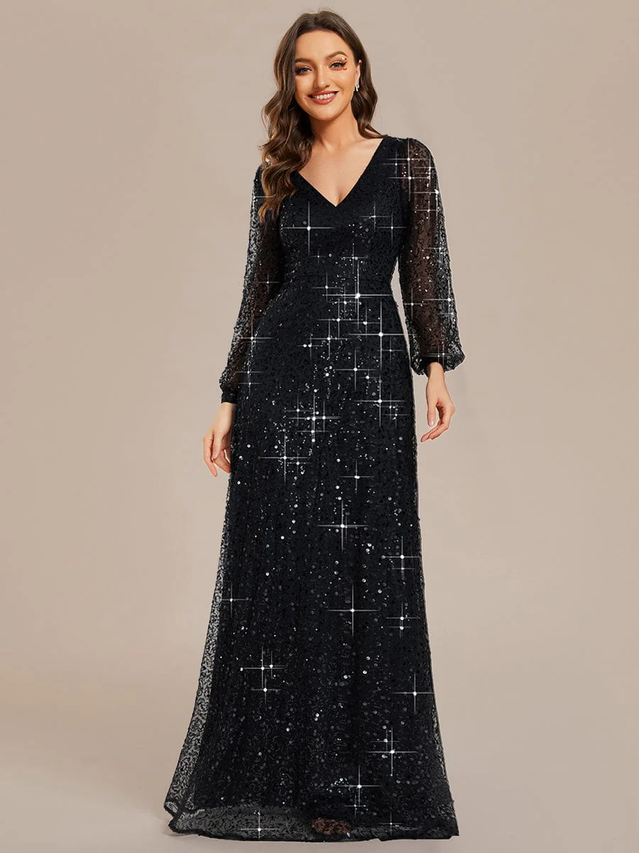 ever RAYVEN|V-Neck Lantern Long Sleeve Sequin A-Line Evening Dress - Image 108