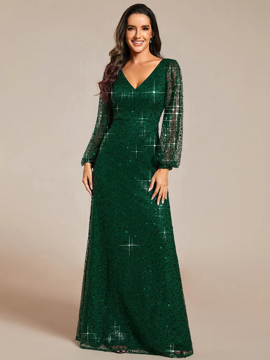 ever RAYVEN|V-Neck Lantern Long Sleeve Sequin A-Line Evening Dress - Image 109