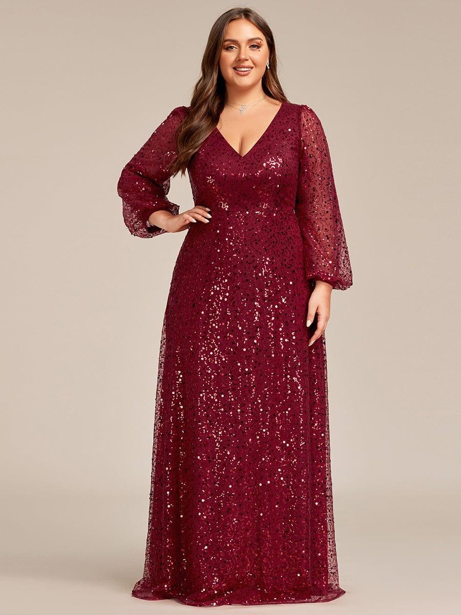 ever RAYVEN|V-Neck Lantern Long Sleeve Sequin A-Line Evening Dress - Image 11