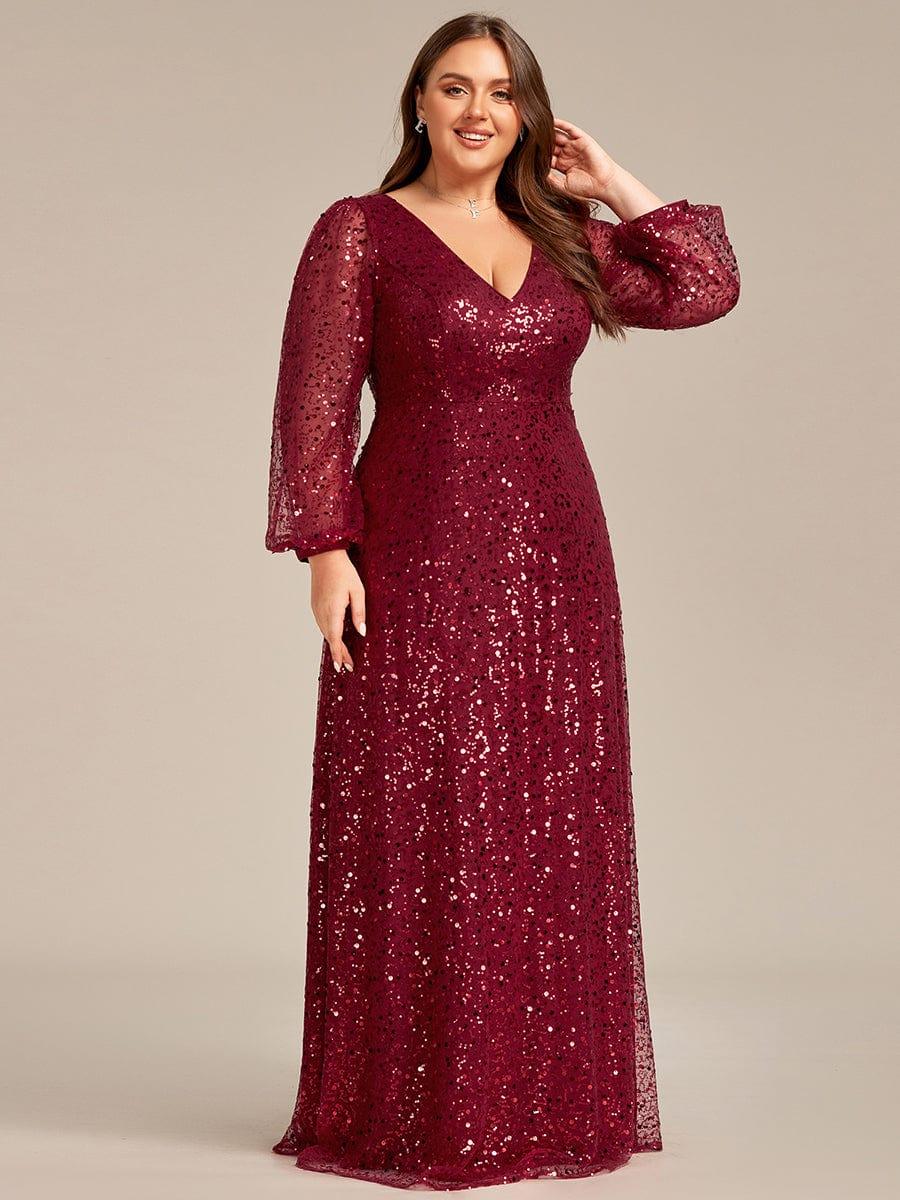 ever RAYVEN|V-Neck Lantern Long Sleeve Sequin A-Line Evening Dress - Image 12