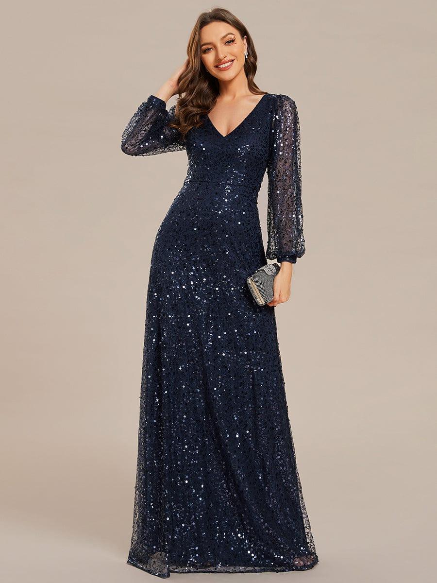 ever RAYVEN|V-Neck Lantern Long Sleeve Sequin A-Line Evening Dress - Image 15