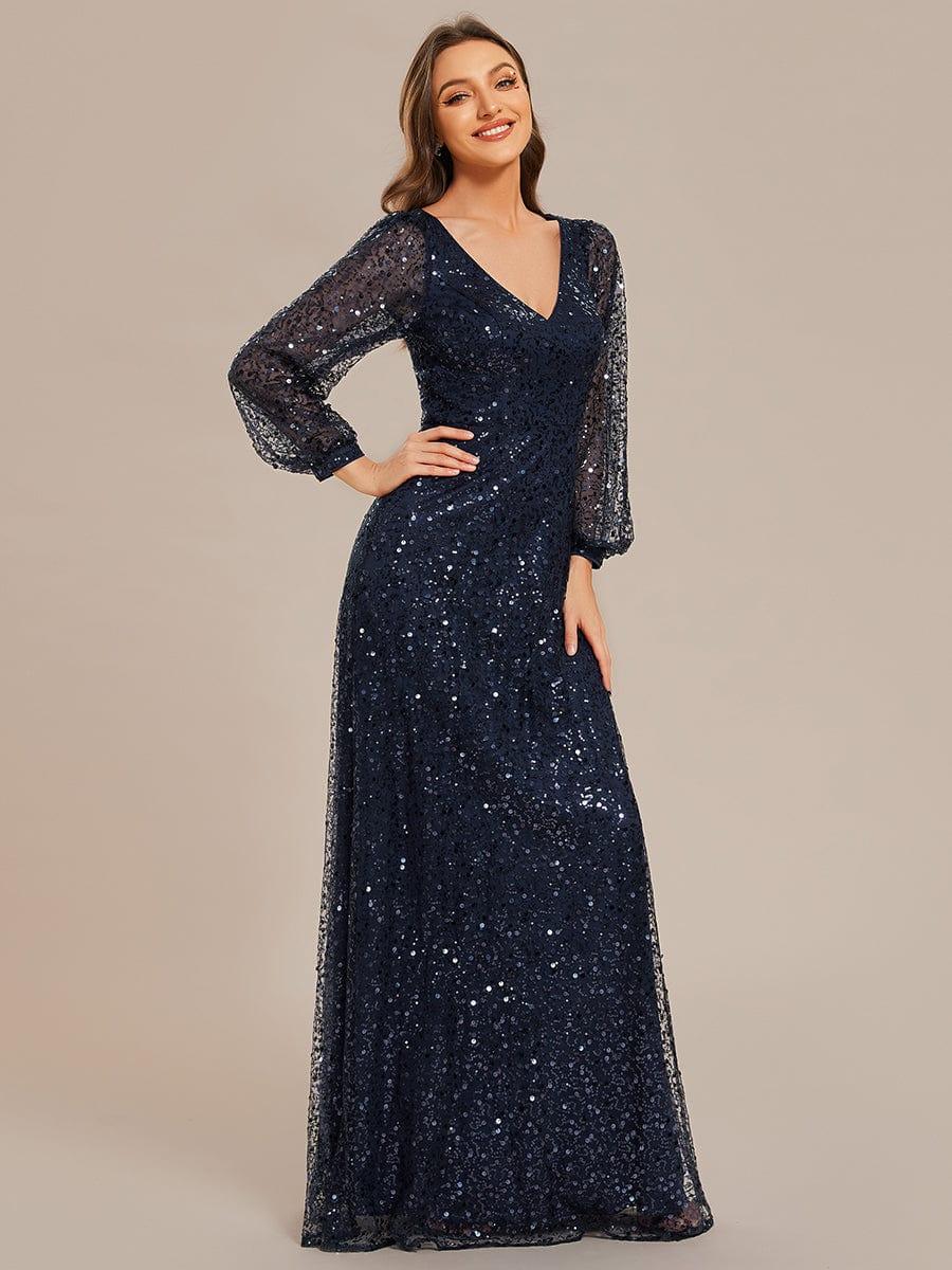 ever RAYVEN|V-Neck Lantern Long Sleeve Sequin A-Line Evening Dress - Image 16