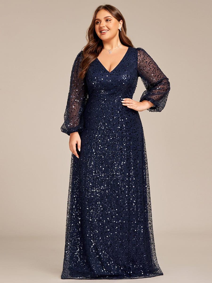 ever RAYVEN|V-Neck Lantern Long Sleeve Sequin A-Line Evening Dress - Image 17