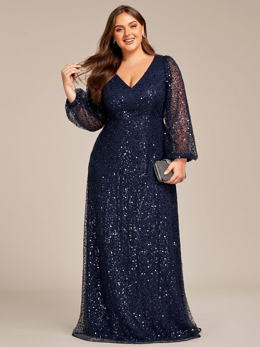ever RAYVEN|V-Neck Lantern Long Sleeve Sequin A-Line Evening Dress - Image 20