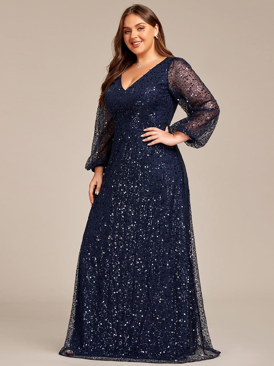 ever RAYVEN|V-Neck Lantern Long Sleeve Sequin A-Line Evening Dress - Image 21