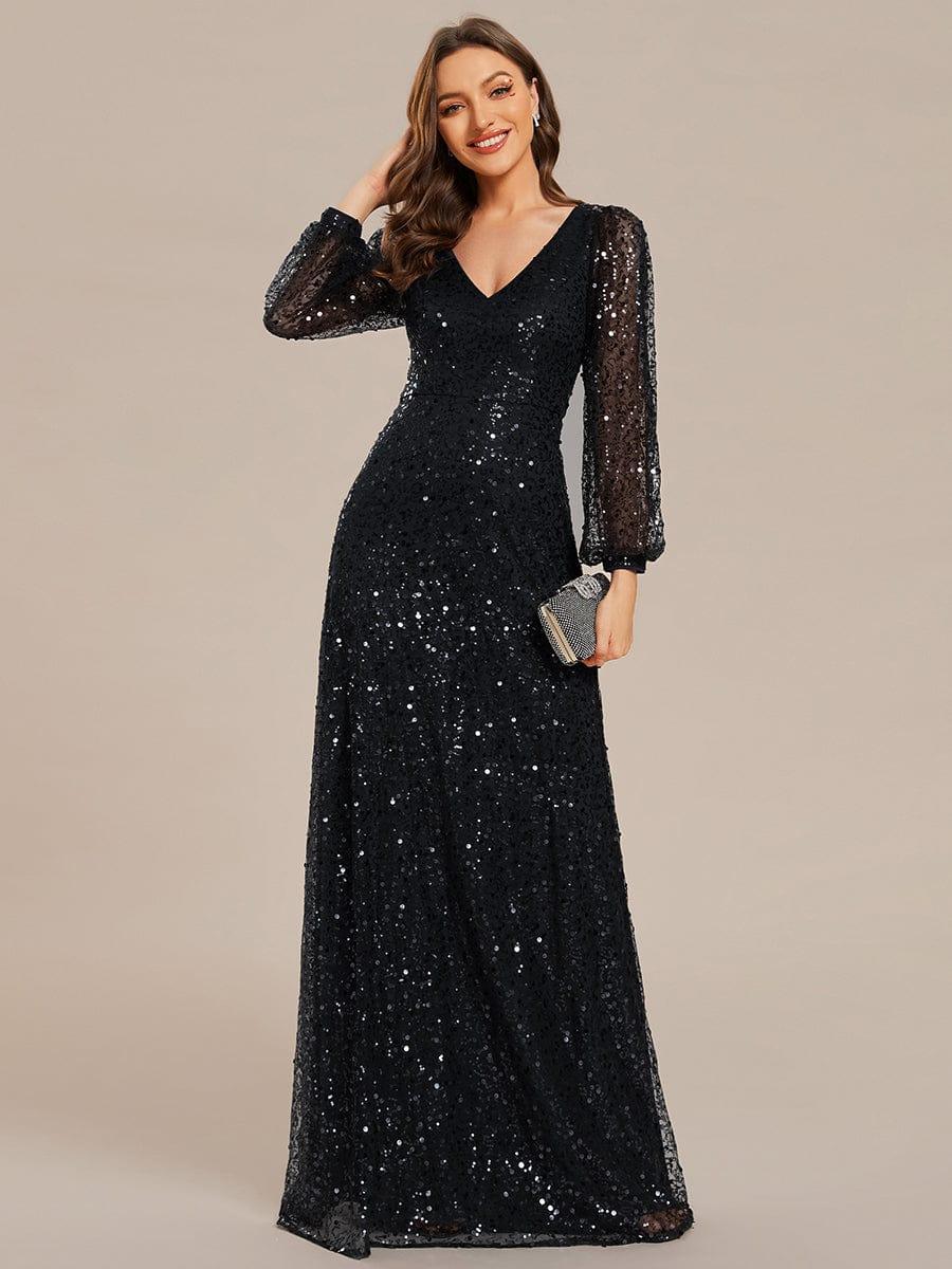 ever RAYVEN|V-Neck Lantern Long Sleeve Sequin A-Line Evening Dress - Image 24