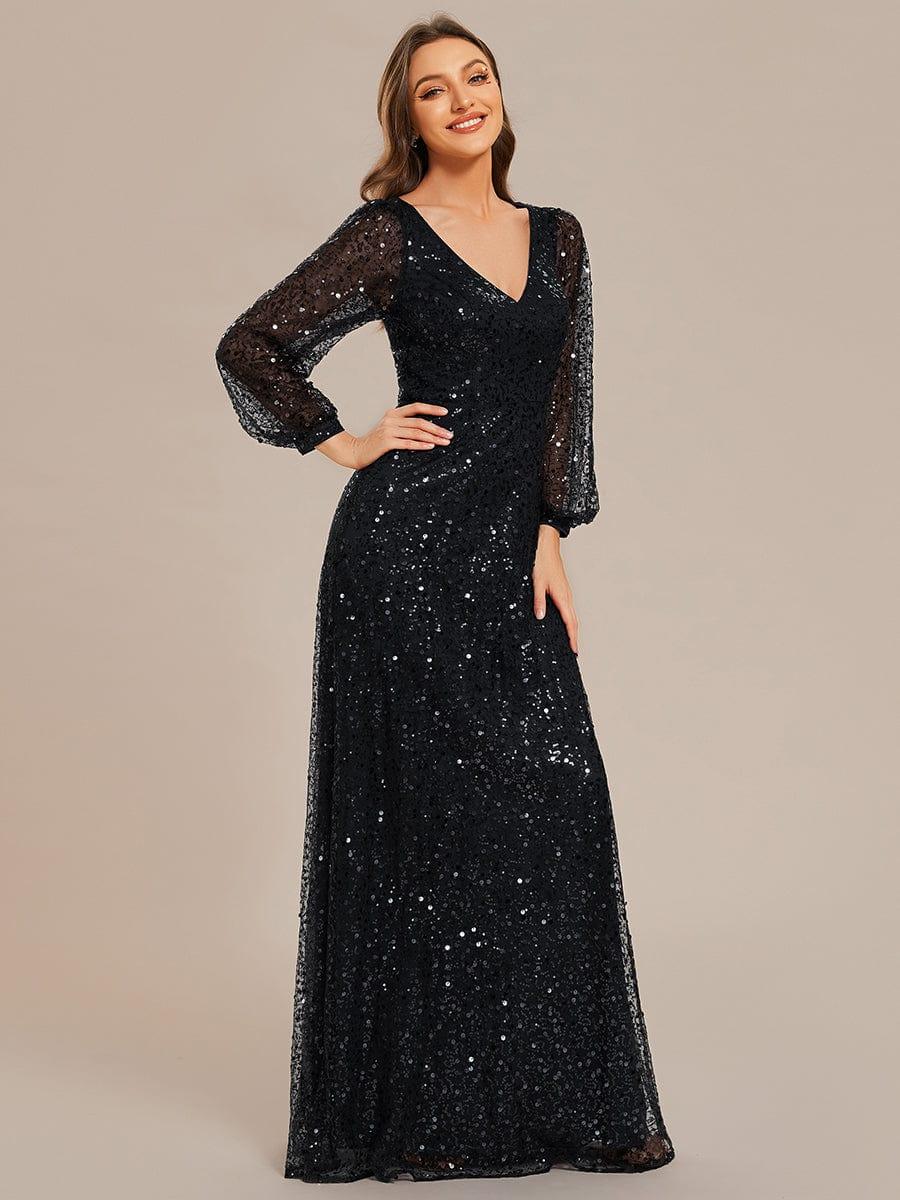 ever RAYVEN|V-Neck Lantern Long Sleeve Sequin A-Line Evening Dress - Image 25