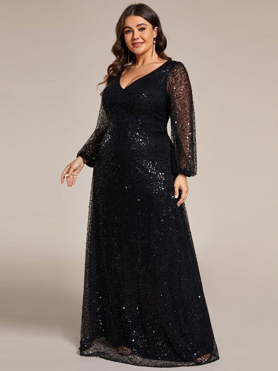 ever RAYVEN|V-Neck Lantern Long Sleeve Sequin A-Line Evening Dress - Image 30