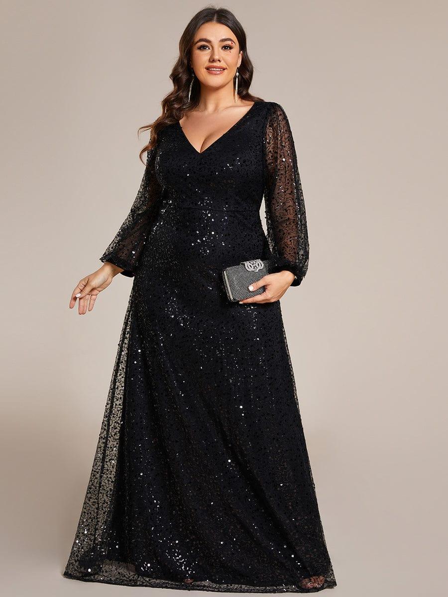 ever RAYVEN|V-Neck Lantern Long Sleeve Sequin A-Line Evening Dress - Image 31