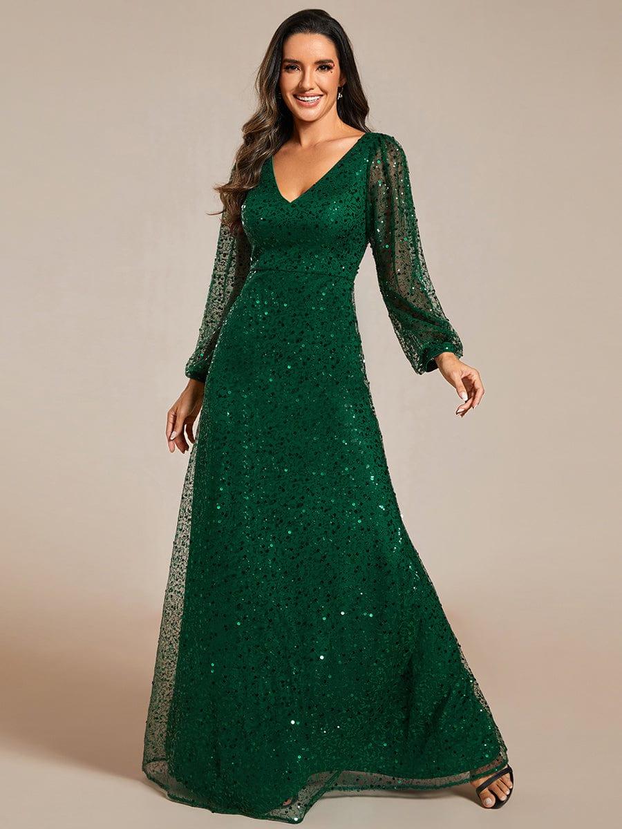 ever RAYVEN|V-Neck Lantern Long Sleeve Sequin A-Line Evening Dress - Image 33