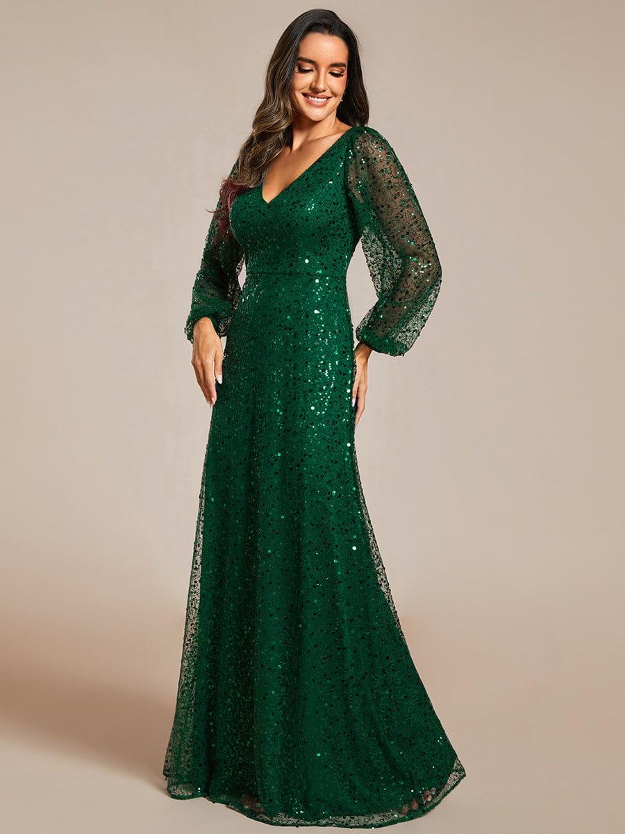 ever RAYVEN|V-Neck Lantern Long Sleeve Sequin A-Line Evening Dress - Image 36