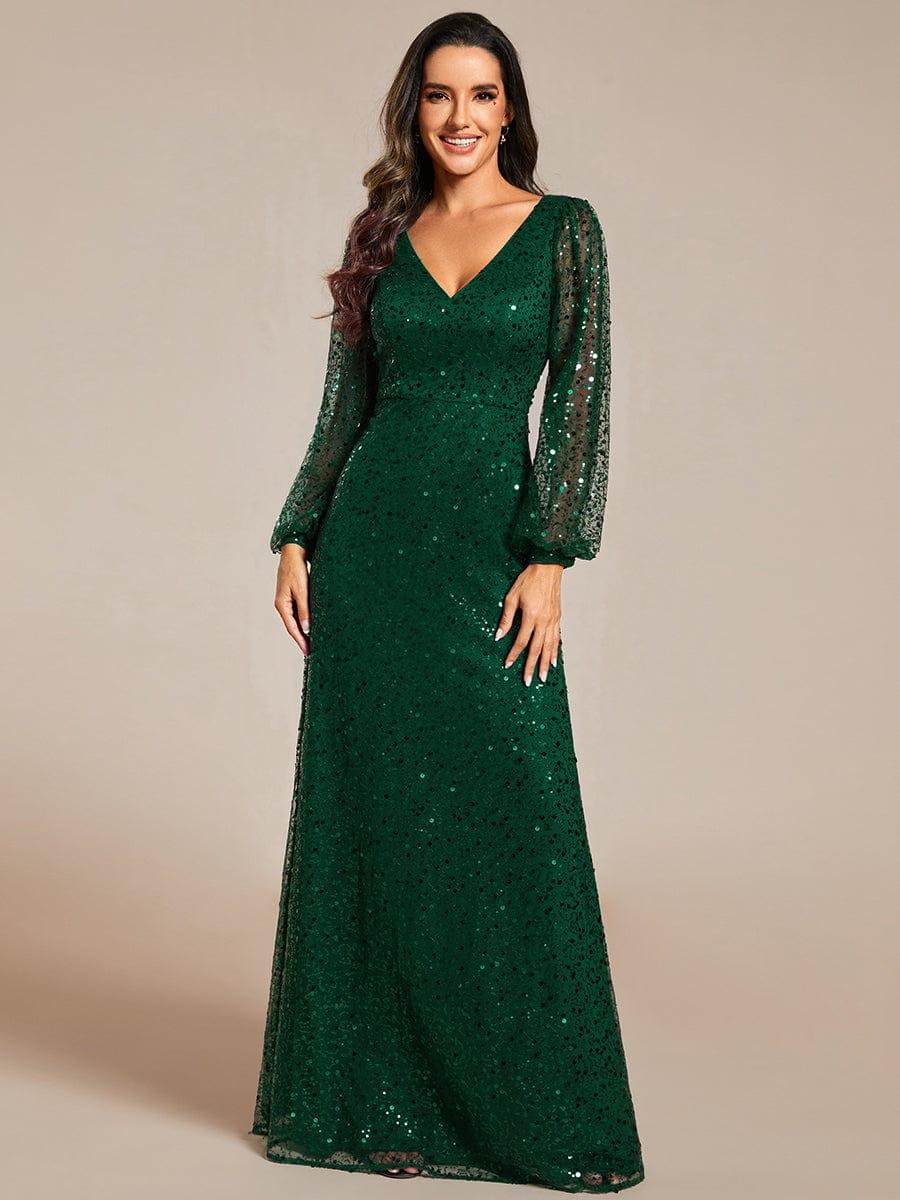 ever RAYVEN|V-Neck Lantern Long Sleeve Sequin A-Line Evening Dress - Image 37