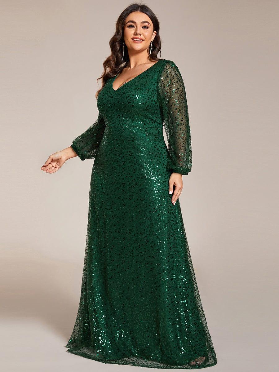 ever RAYVEN|V-Neck Lantern Long Sleeve Sequin A-Line Evening Dress - Image 38