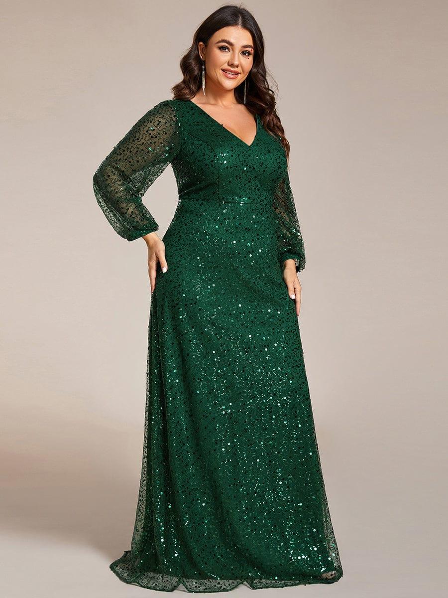 ever RAYVEN|V-Neck Lantern Long Sleeve Sequin A-Line Evening Dress - Image 41