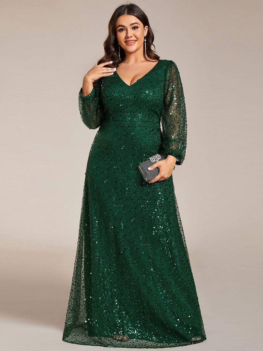 ever RAYVEN|V-Neck Lantern Long Sleeve Sequin A-Line Evening Dress - Image 42