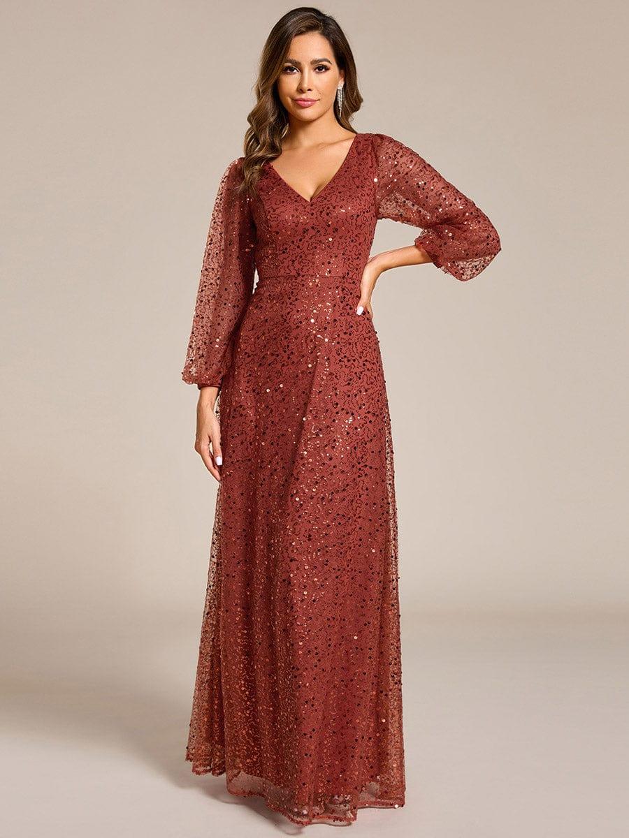 ever RAYVEN|V-Neck Lantern Long Sleeve Sequin A-Line Evening Dress - Image 43