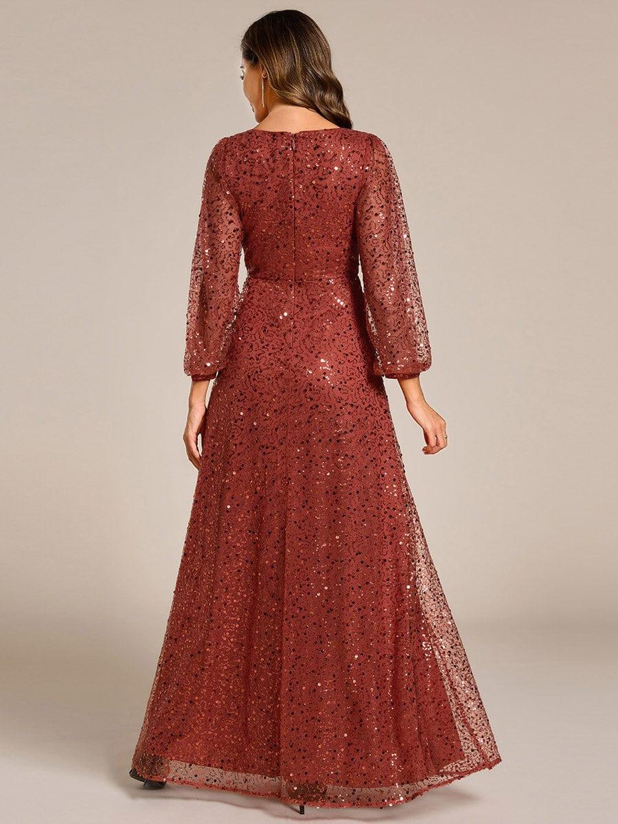 ever RAYVEN|V-Neck Lantern Long Sleeve Sequin A-Line Evening Dress - Image 44