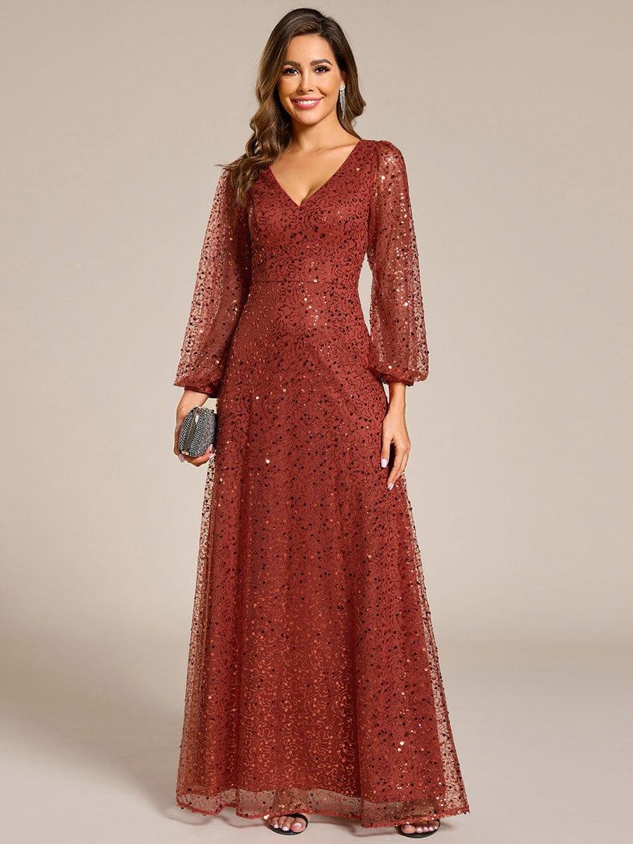 ever RAYVEN|V-Neck Lantern Long Sleeve Sequin A-Line Evening Dress - Image 46