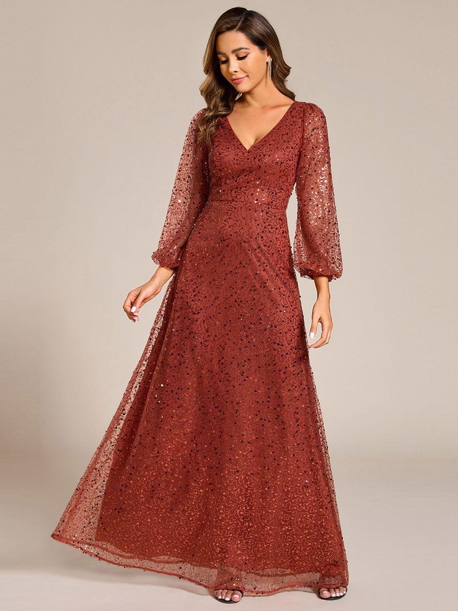 ever RAYVEN|V-Neck Lantern Long Sleeve Sequin A-Line Evening Dress - Image 47