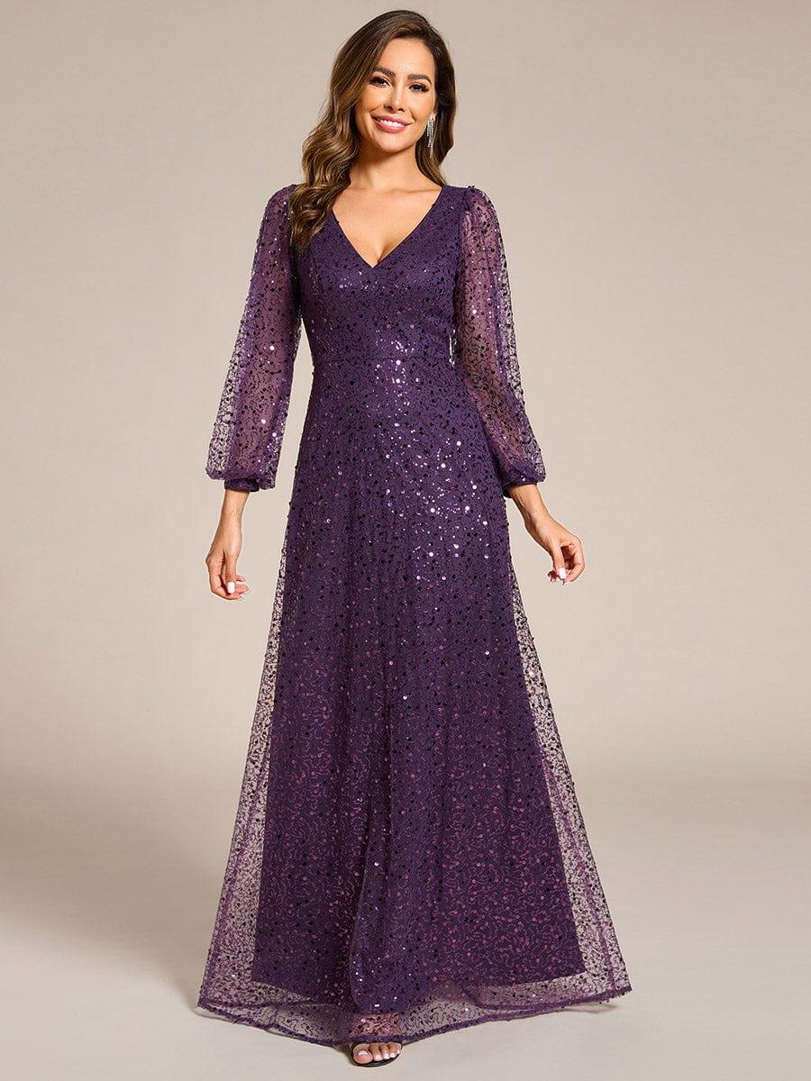 ever RAYVEN|V-Neck Lantern Long Sleeve Sequin A-Line Evening Dress - Image 48