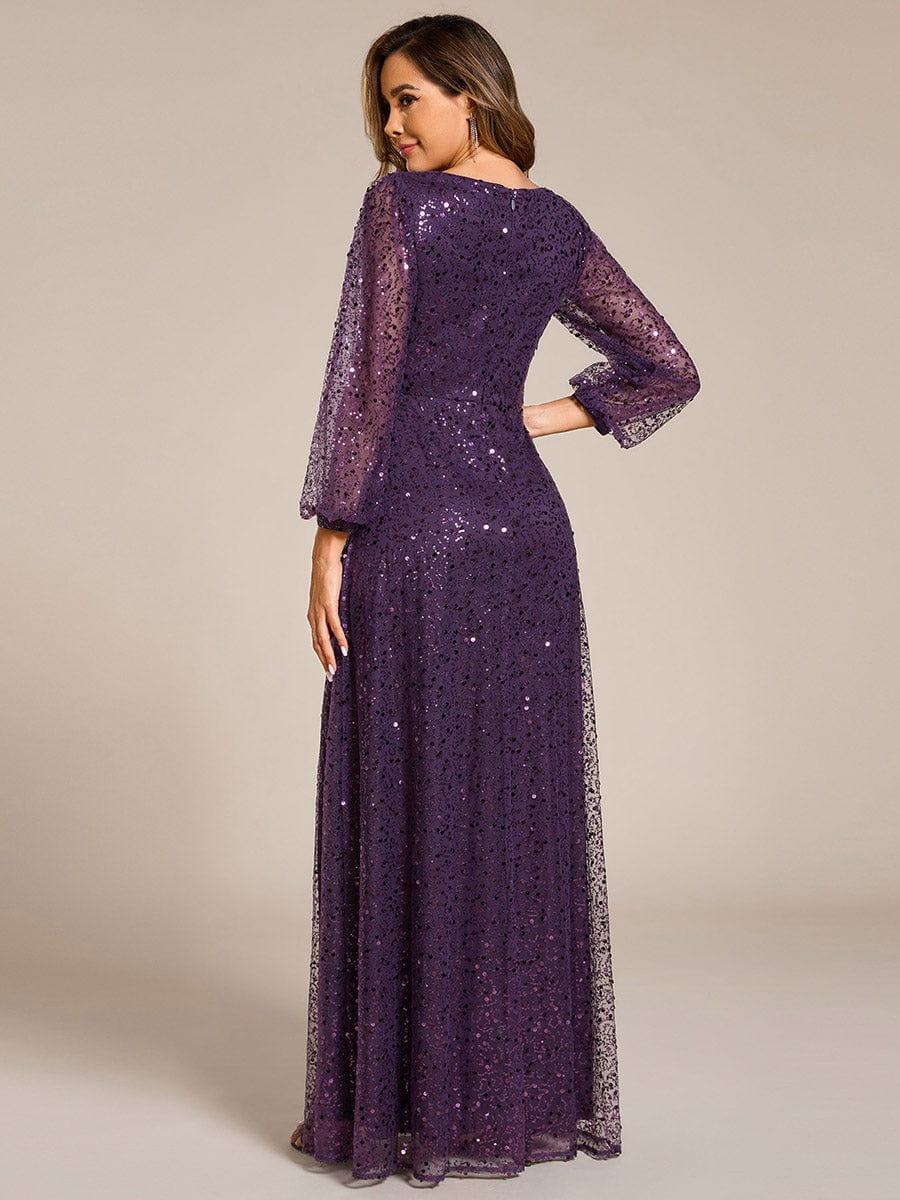 ever RAYVEN|V-Neck Lantern Long Sleeve Sequin A-Line Evening Dress - Image 49