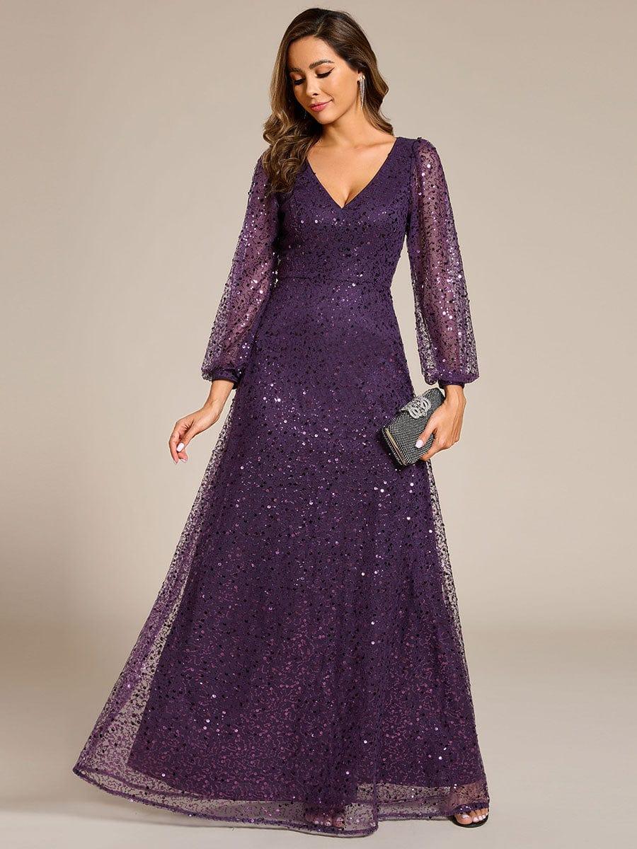 ever RAYVEN|V-Neck Lantern Long Sleeve Sequin A-Line Evening Dress - Image 51