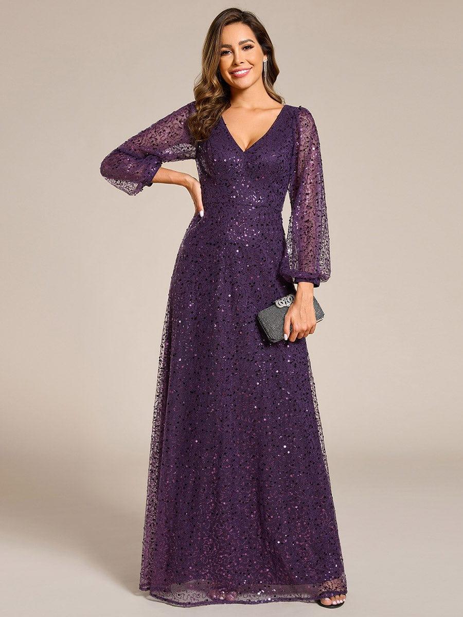 ever RAYVEN|V-Neck Lantern Long Sleeve Sequin A-Line Evening Dress - Image 52