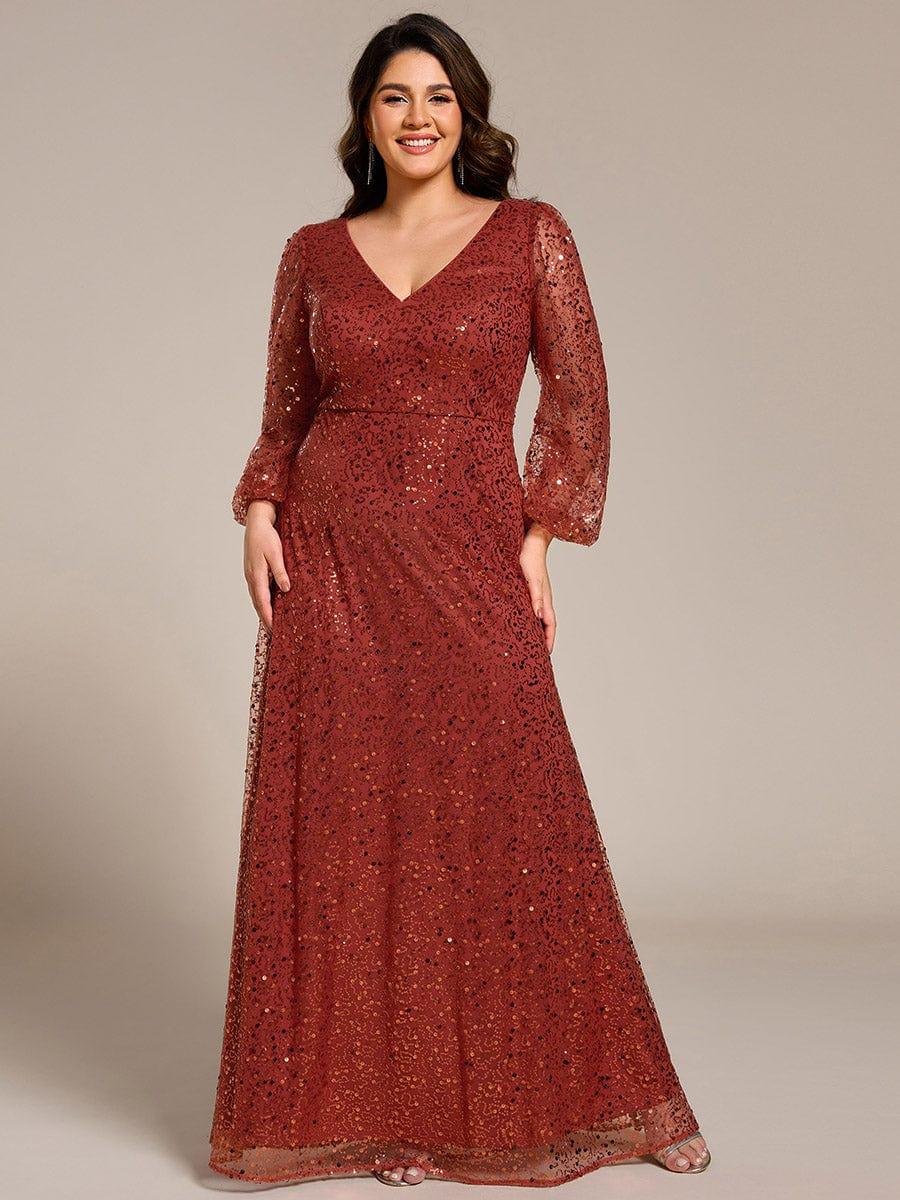 ever RAYVEN|V-Neck Lantern Long Sleeve Sequin A-Line Evening Dress - Image 53