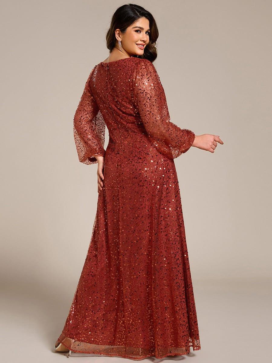 ever RAYVEN|V-Neck Lantern Long Sleeve Sequin A-Line Evening Dress - Image 55