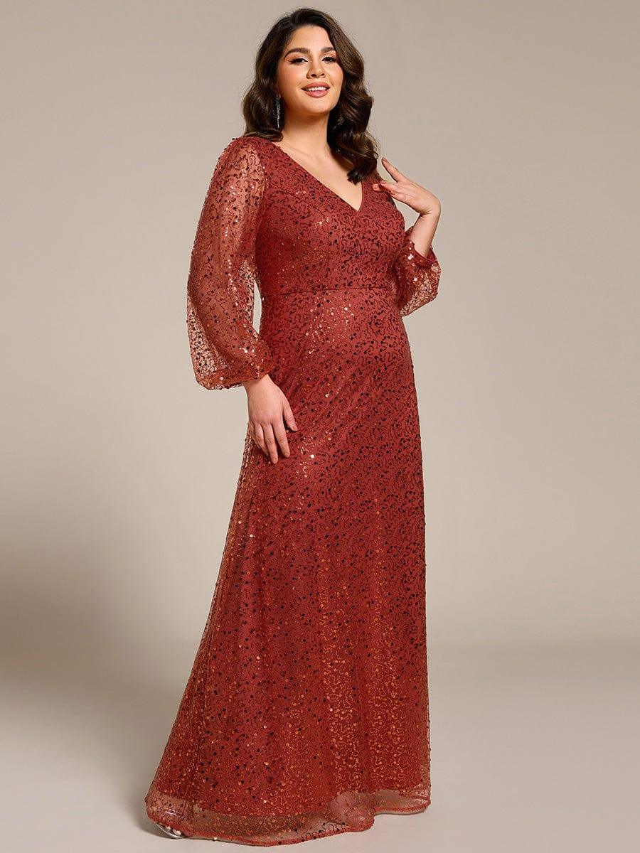 ever RAYVEN|V-Neck Lantern Long Sleeve Sequin A-Line Evening Dress - Image 56