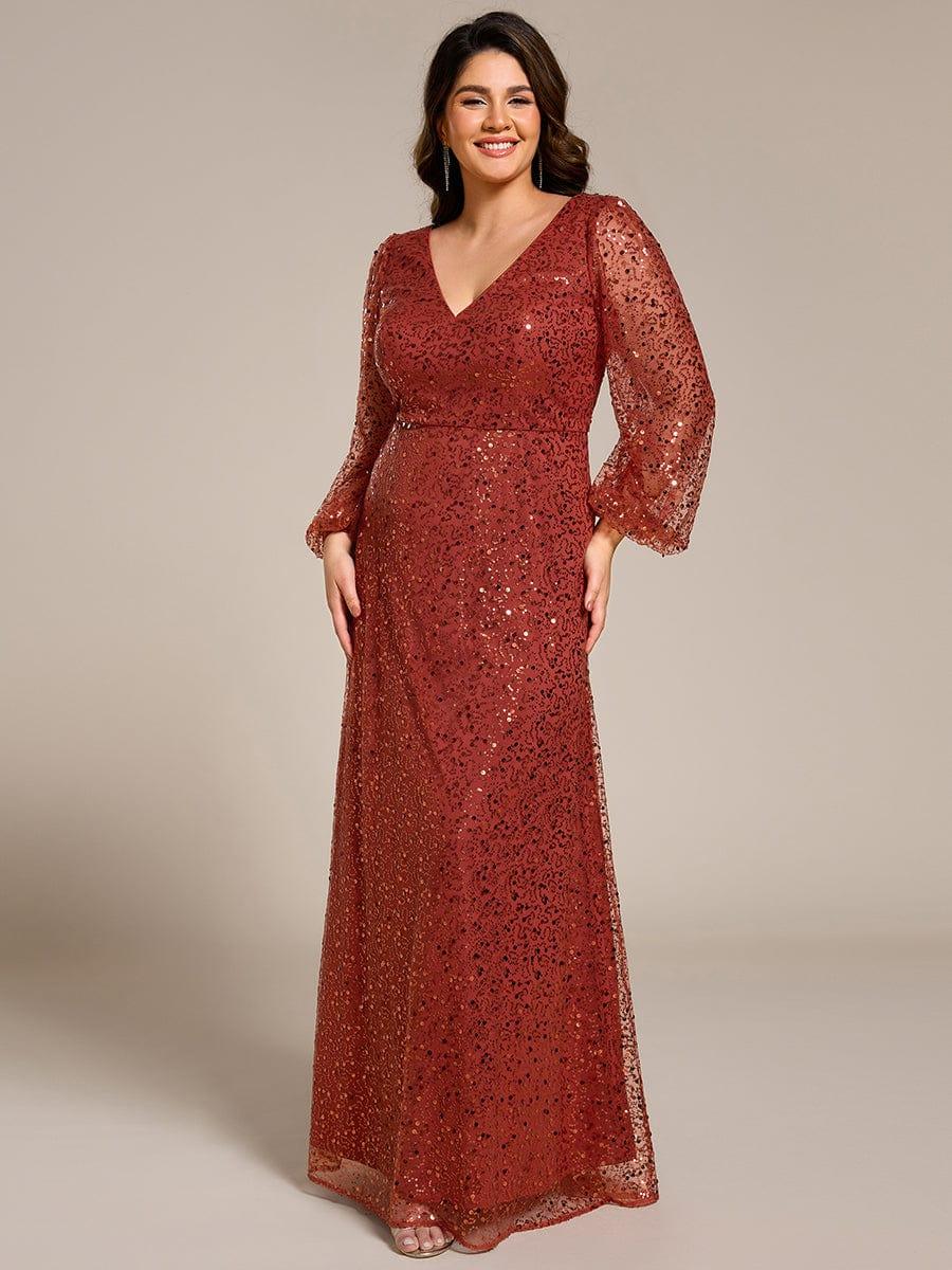 ever RAYVEN|V-Neck Lantern Long Sleeve Sequin A-Line Evening Dress - Image 57