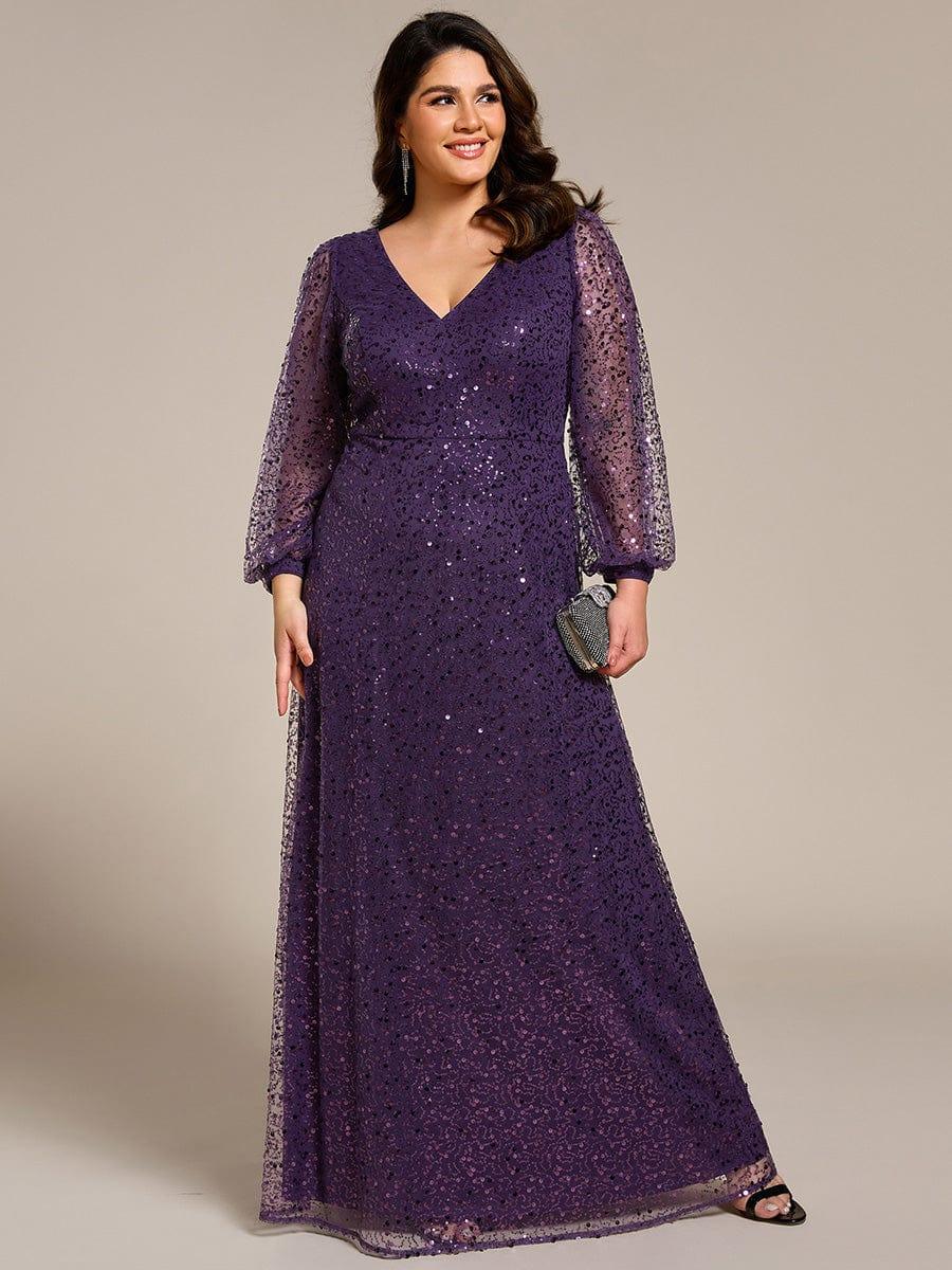 ever RAYVEN|V-Neck Lantern Long Sleeve Sequin A-Line Evening Dress - Image 58