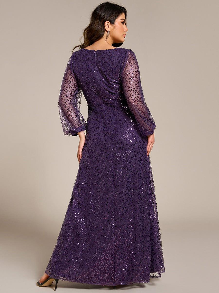 ever RAYVEN|V-Neck Lantern Long Sleeve Sequin A-Line Evening Dress - Image 59