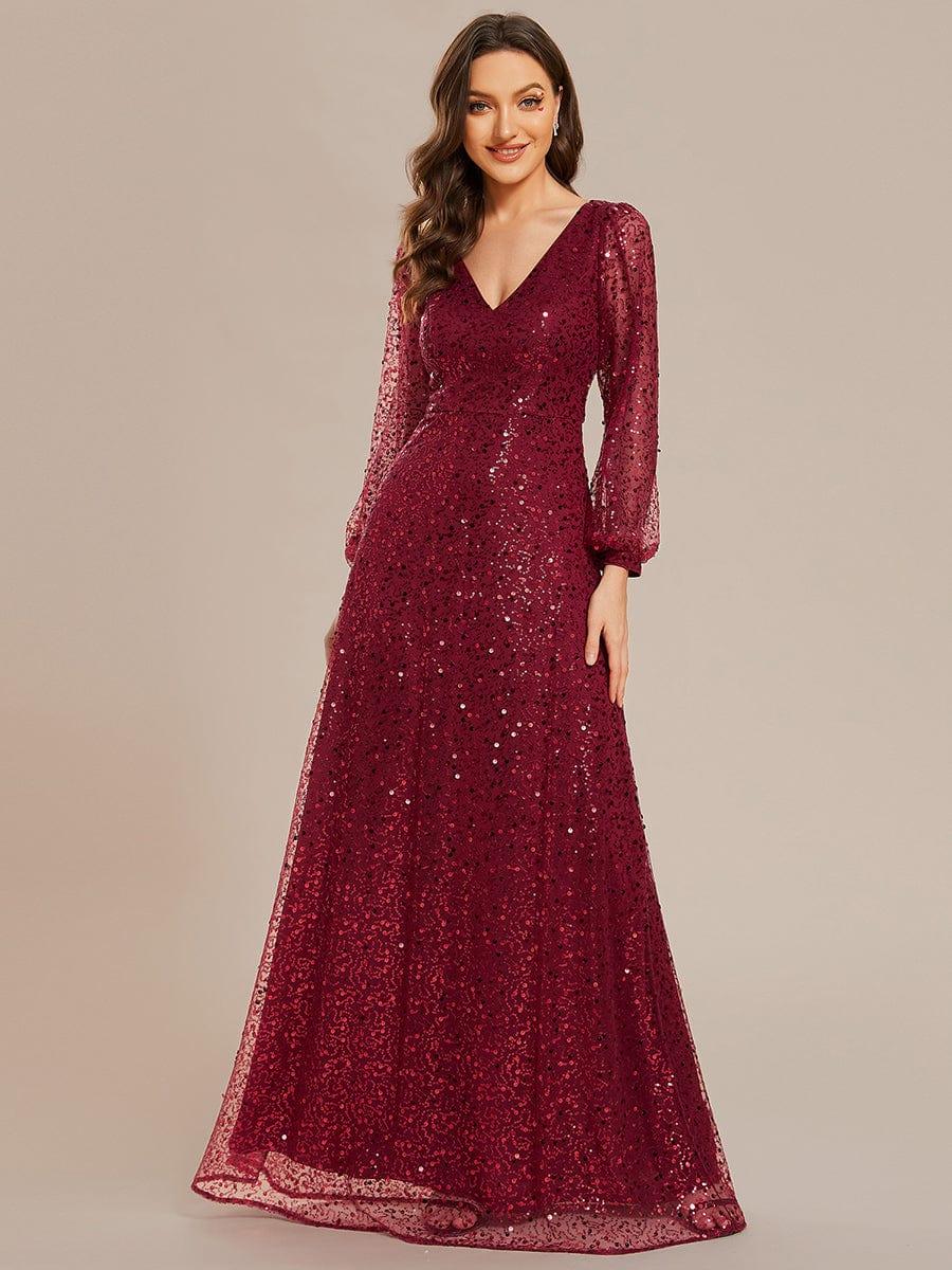 ever RAYVEN|V-Neck Lantern Long Sleeve Sequin A-Line Evening Dress - Image 6