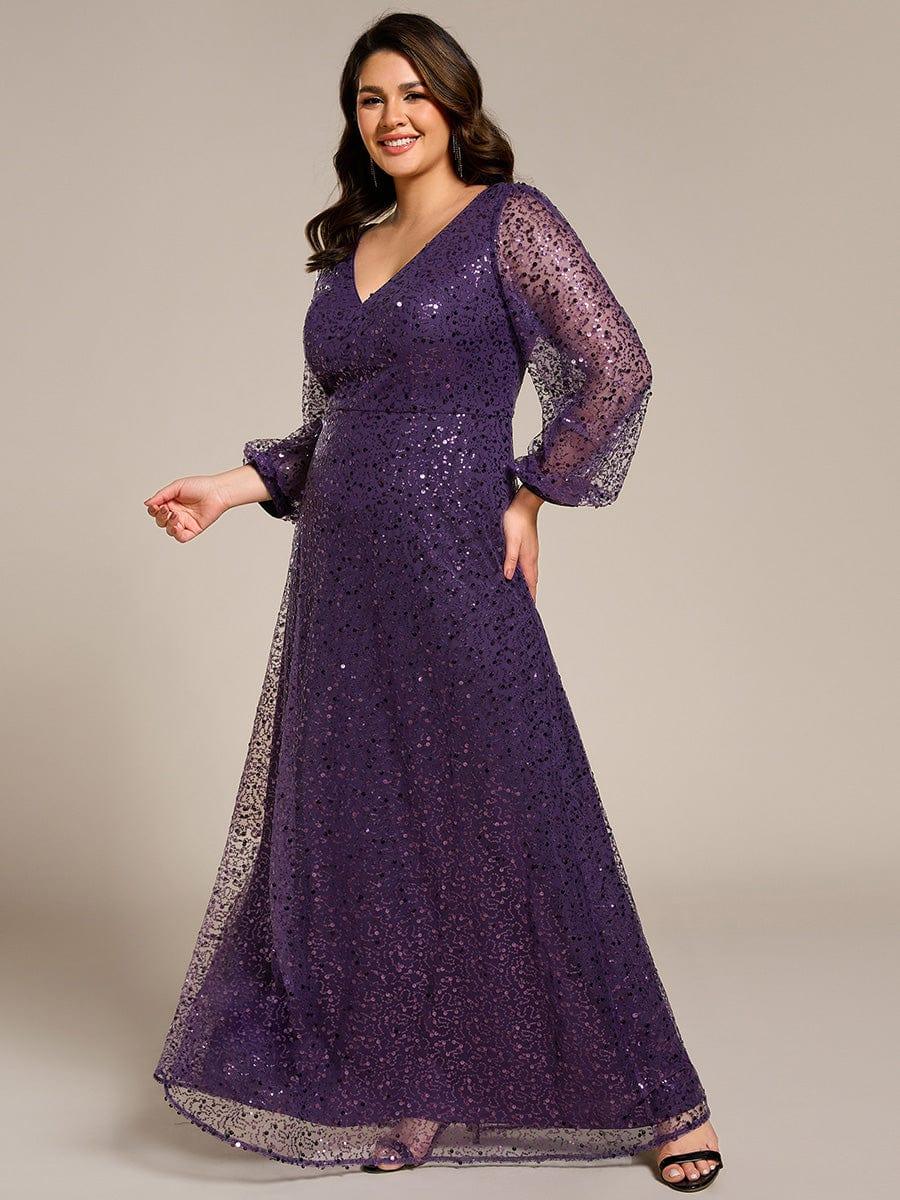 ever RAYVEN|V-Neck Lantern Long Sleeve Sequin A-Line Evening Dress - Image 61