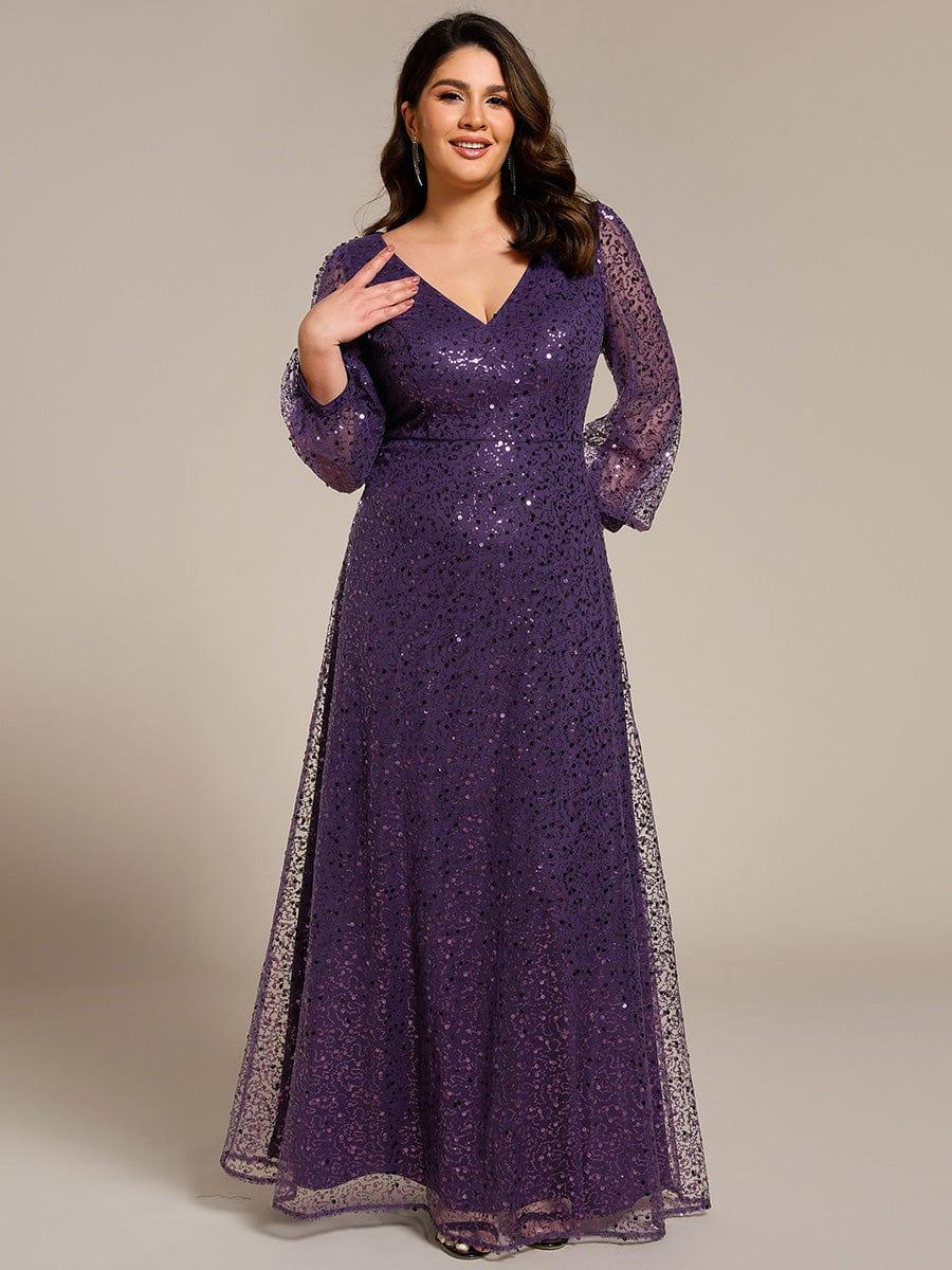 ever RAYVEN|V-Neck Lantern Long Sleeve Sequin A-Line Evening Dress - Image 62