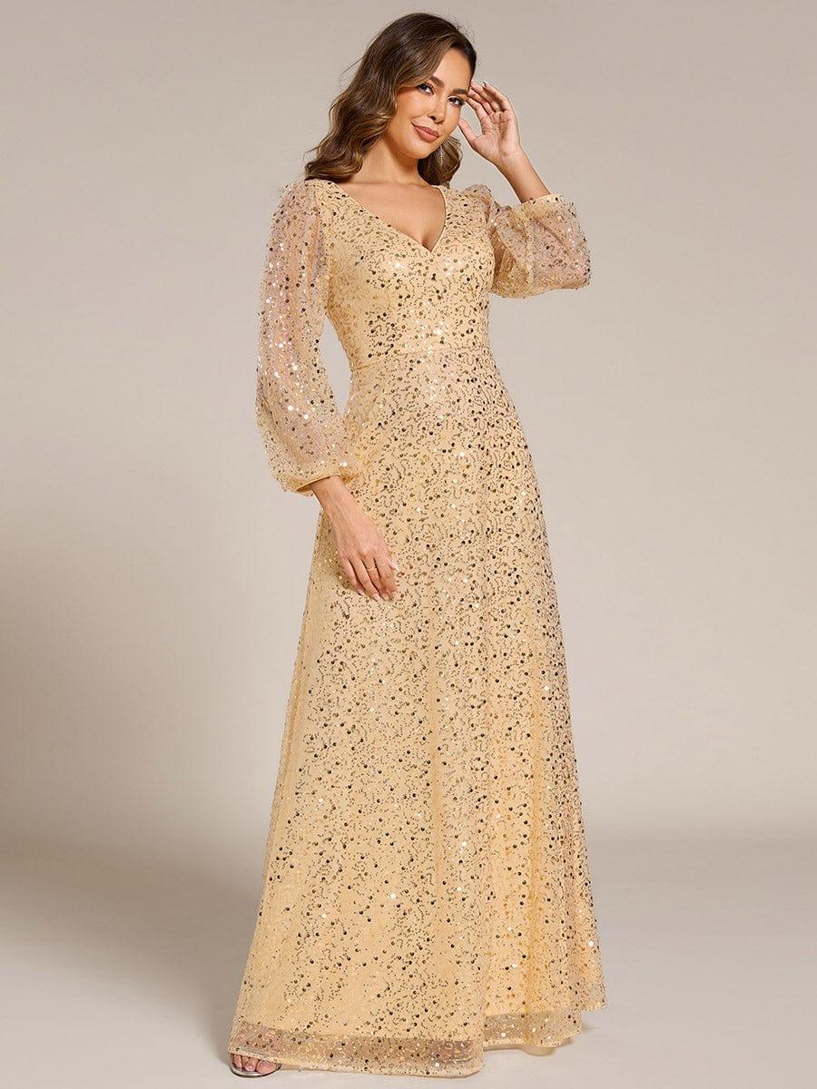 ever RAYVEN|V-Neck Lantern Long Sleeve Sequin A-Line Evening Dress - Image 63
