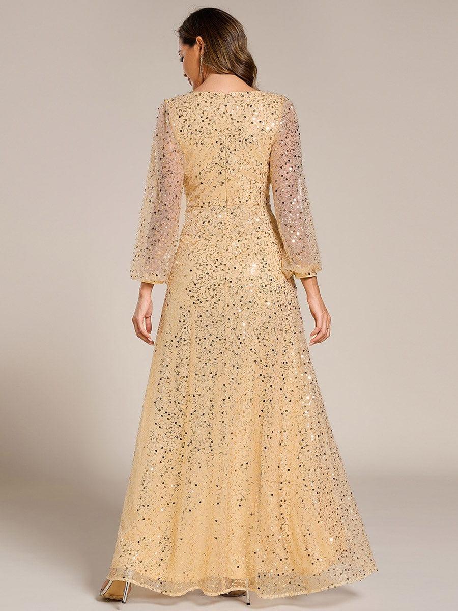 ever RAYVEN|V-Neck Lantern Long Sleeve Sequin A-Line Evening Dress - Image 64