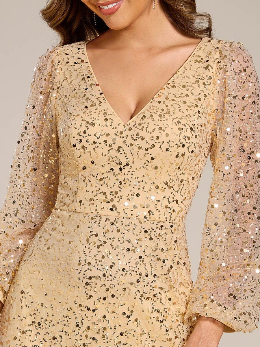 ever RAYVEN|V-Neck Lantern Long Sleeve Sequin A-Line Evening Dress - Image 65
