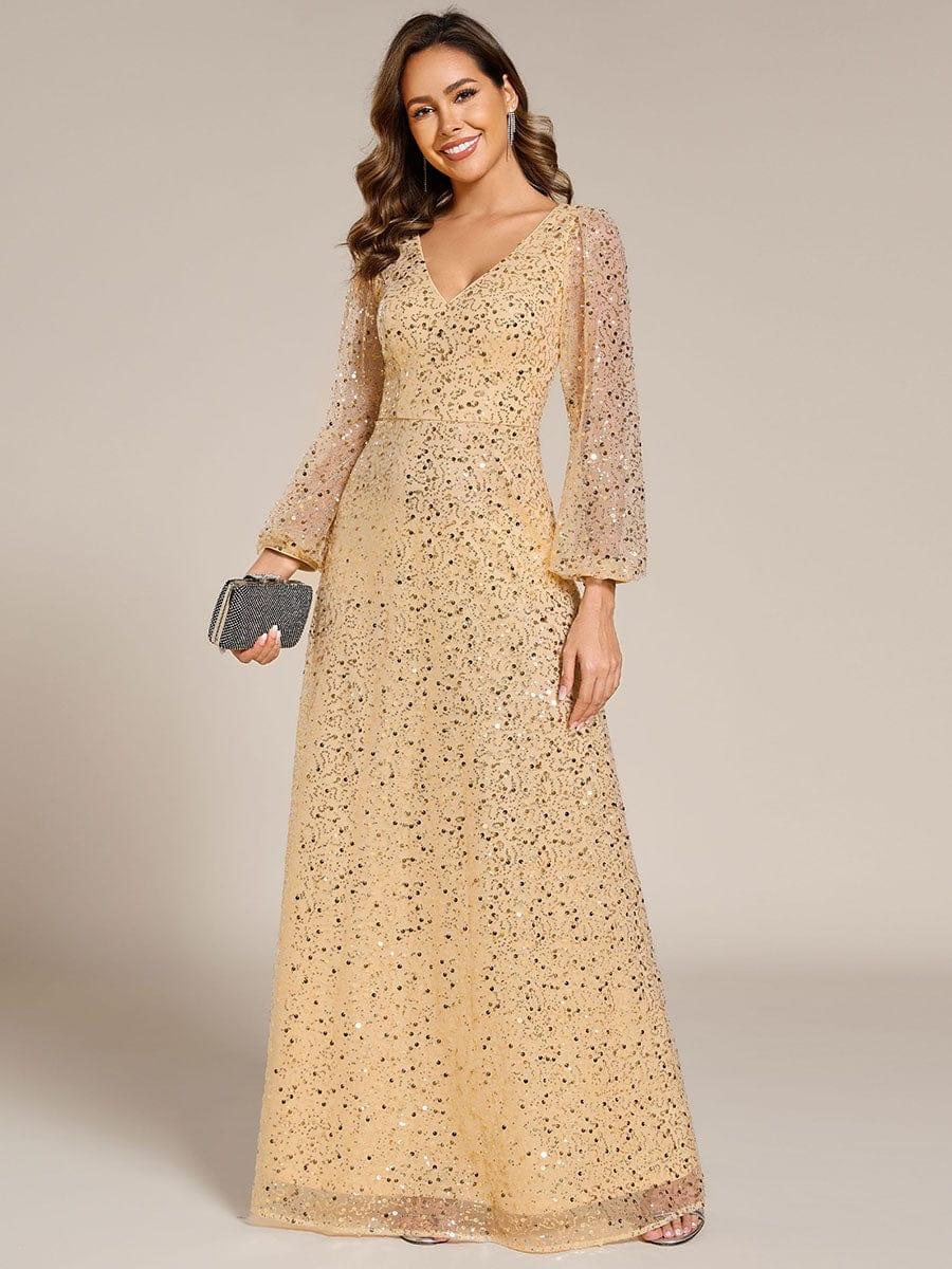 ever RAYVEN|V-Neck Lantern Long Sleeve Sequin A-Line Evening Dress - Image 66