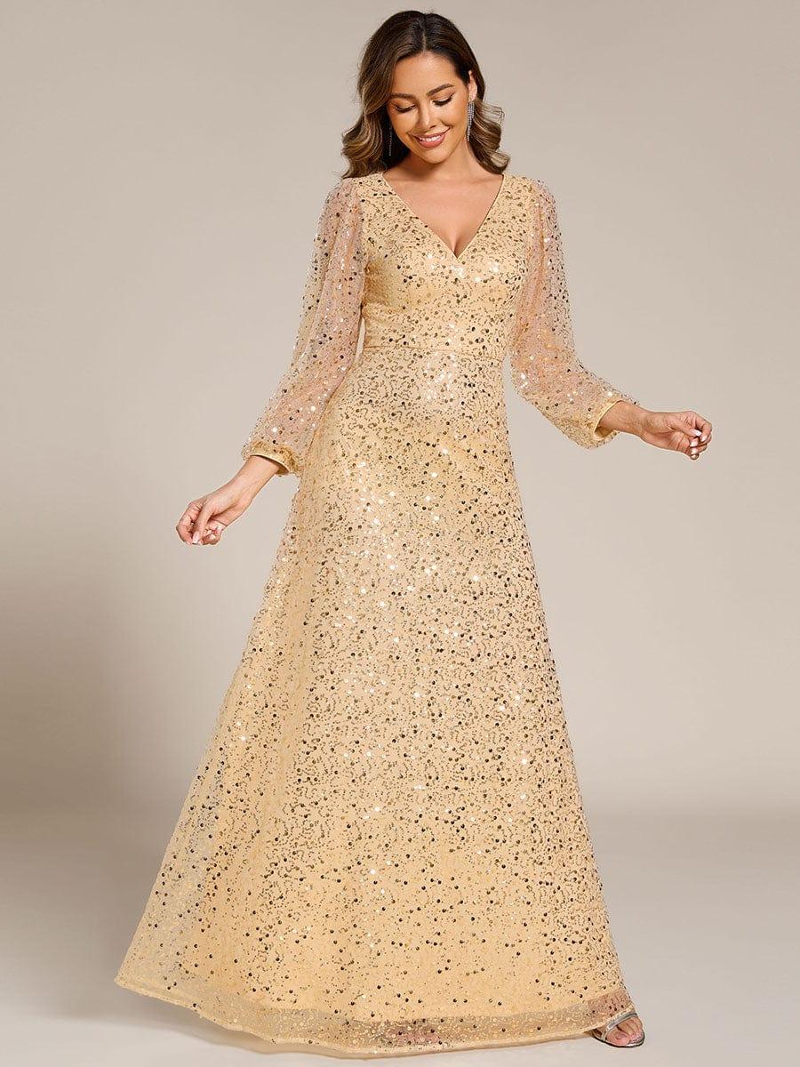 ever RAYVEN|V-Neck Lantern Long Sleeve Sequin A-Line Evening Dress - Image 67