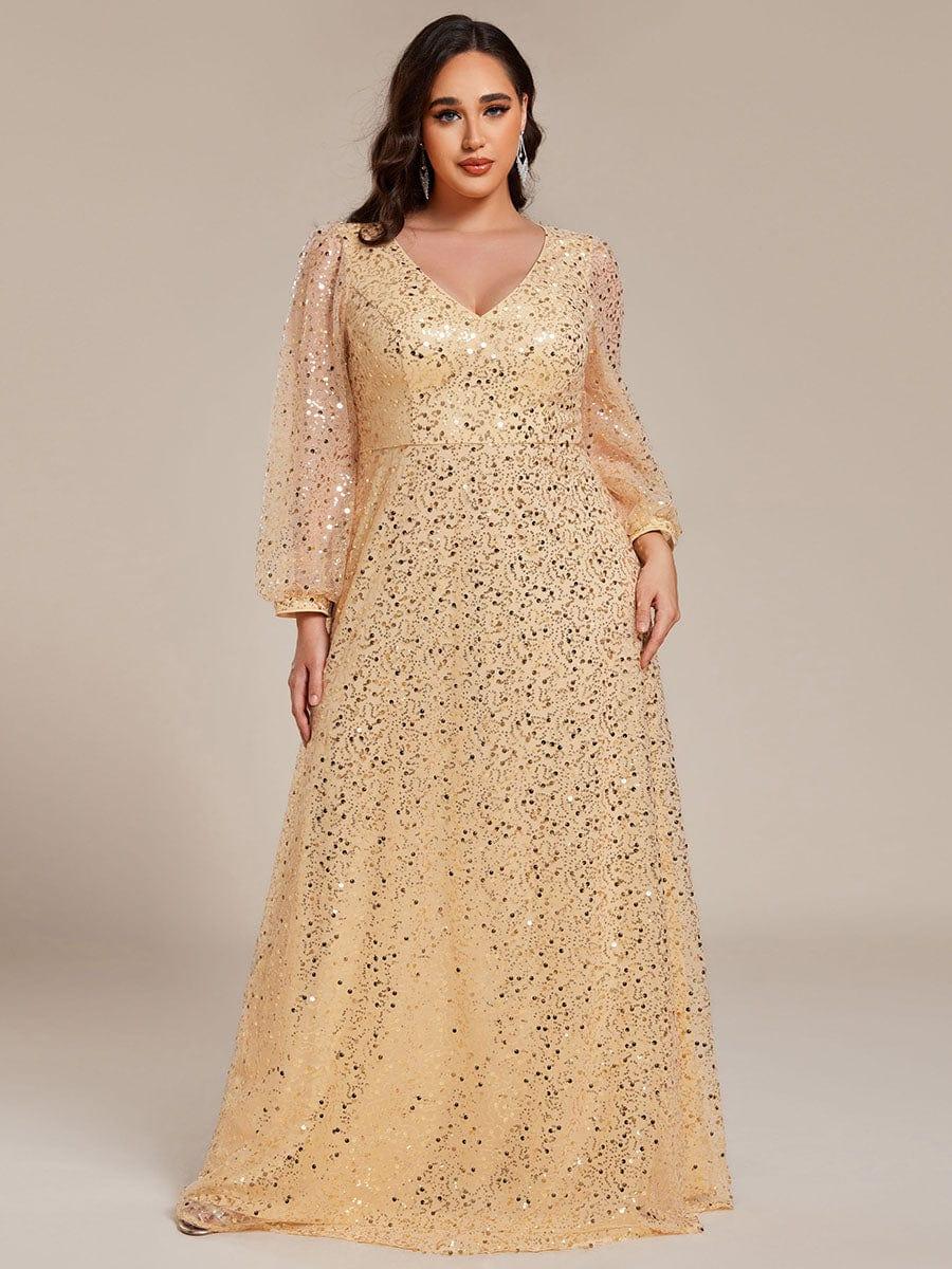 ever RAYVEN|V-Neck Lantern Long Sleeve Sequin A-Line Evening Dress - Image 68
