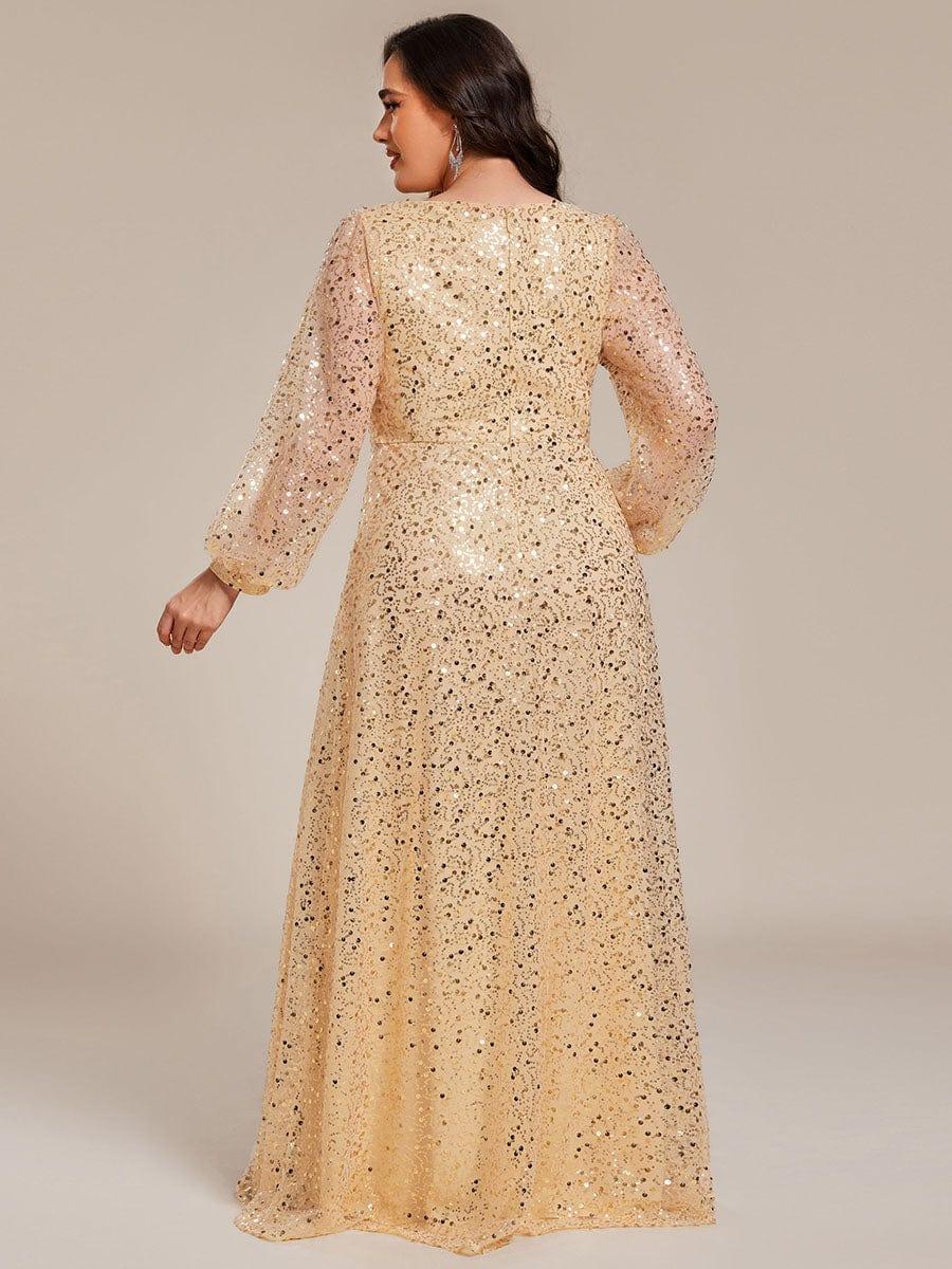 ever RAYVEN|V-Neck Lantern Long Sleeve Sequin A-Line Evening Dress - Image 69