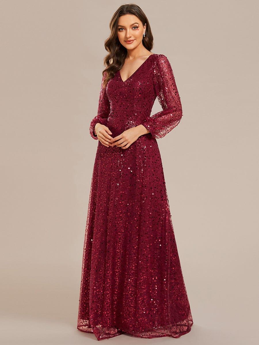 ever RAYVEN|V-Neck Lantern Long Sleeve Sequin A-Line Evening Dress - Image 7